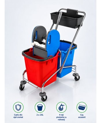 Cărucior de Curățenie Profesional 2×25L, Storcător Heavy-Duty & Cadru din Oțel Cromat