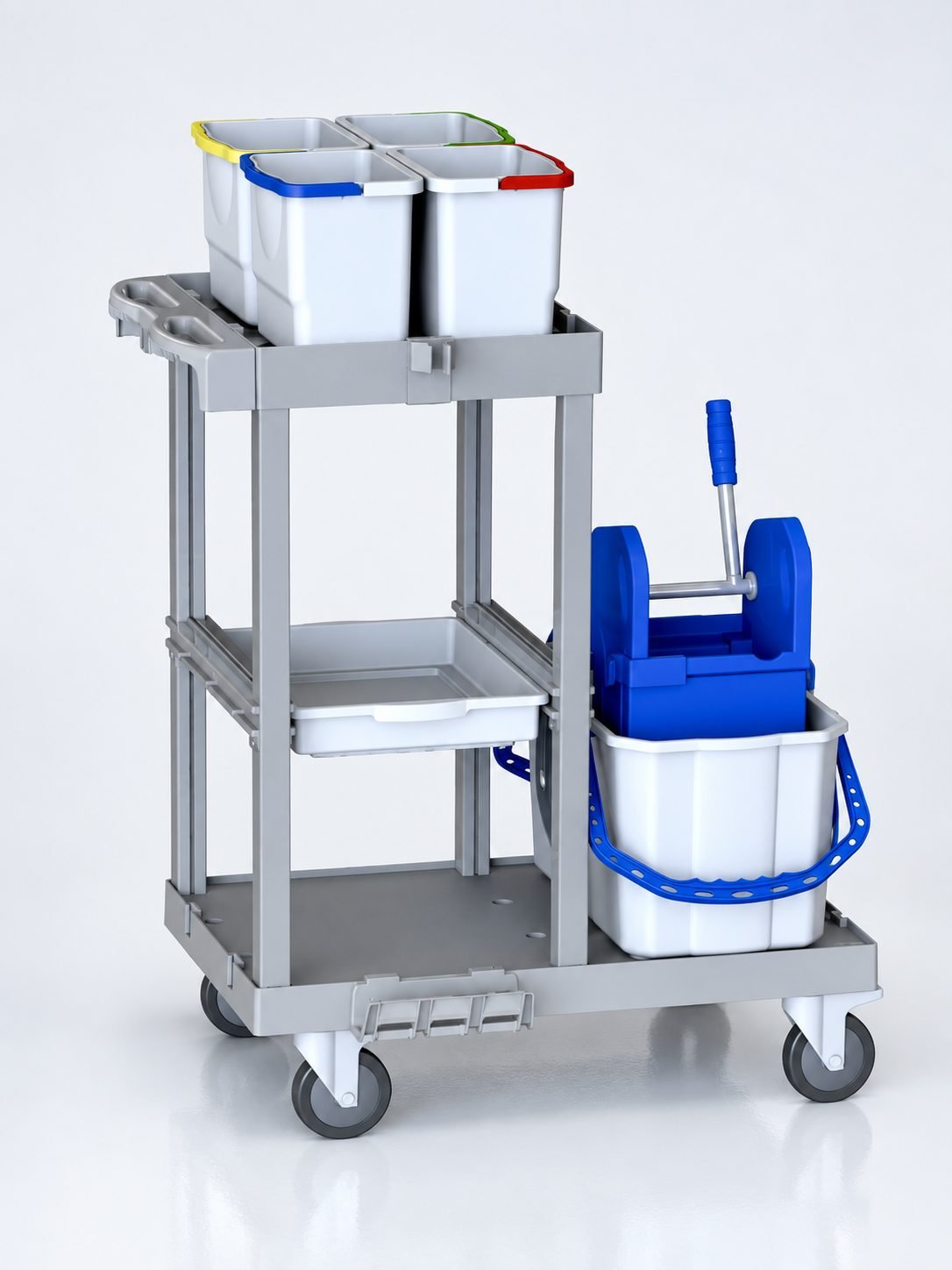 Cărucior de curățenie modular ArliPlus® M421 – compact, cu storcător, găleti 4x8L, 2x22L