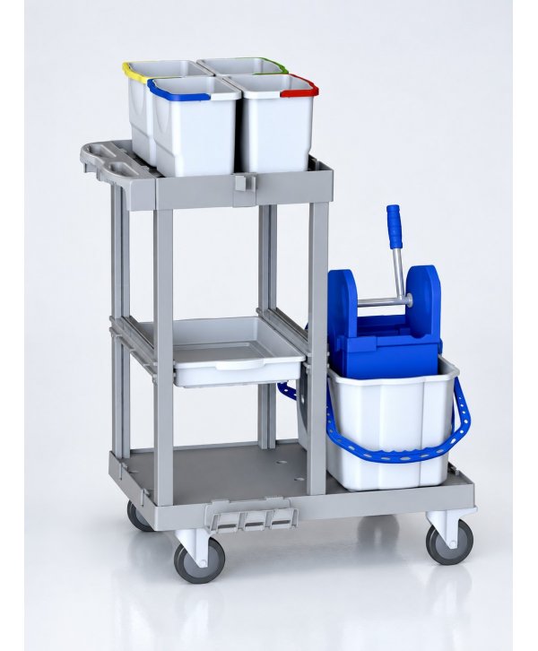 Cărucior de curățenie modular ArliPlus® M421 – compact, cu storcător, găleti 4x8L, 2x22L