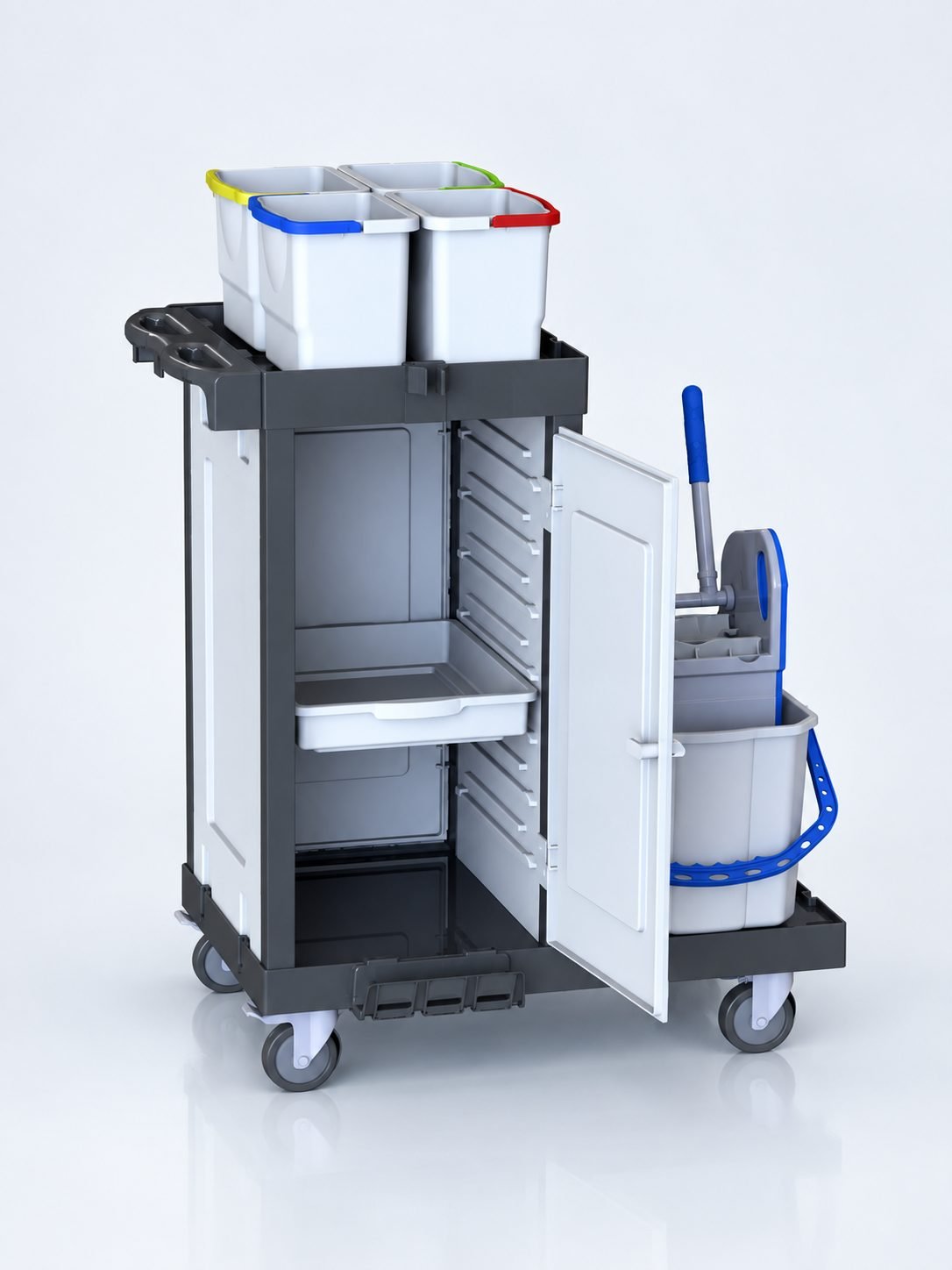 Cărucior de curățenie modular ArliPlus® M422 – compartiment închis, cu storcător, găleți 4x8L, 2x22L