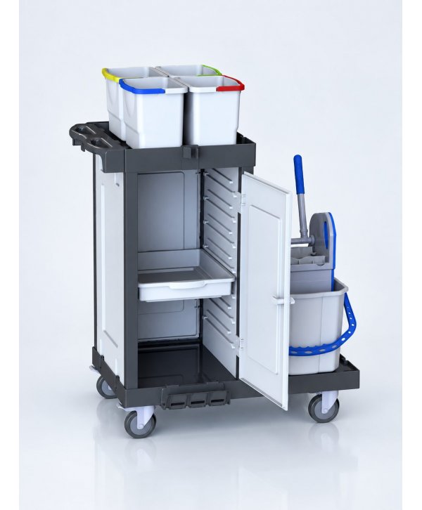 Cărucior de curățenie modular ArliPlus® M422 – compartiment închis, cu storcător, găleți 4x8L, 2x22L