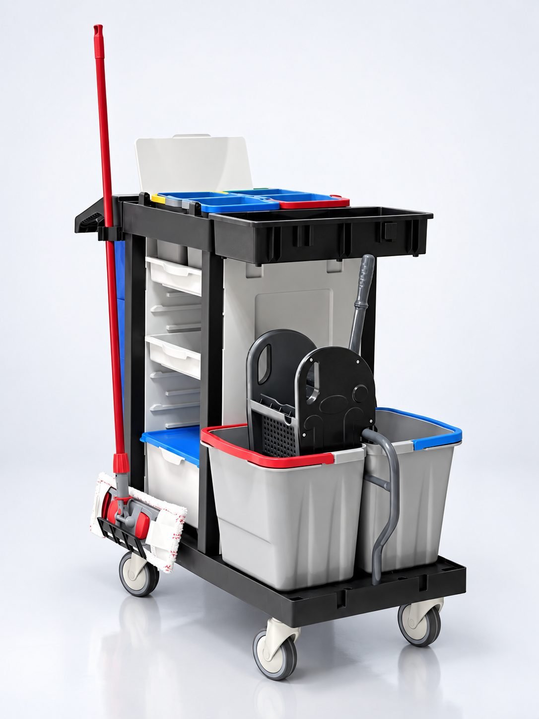 Cărucior de curățenie ArliPlus® M721 – cu storcător, 4 găleți in alveole, sac 70L