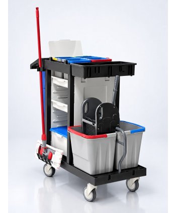 Cărucior de curățenie ArliPlus® M721 – cu storcător, 4 găleți in alveole, sac 70L