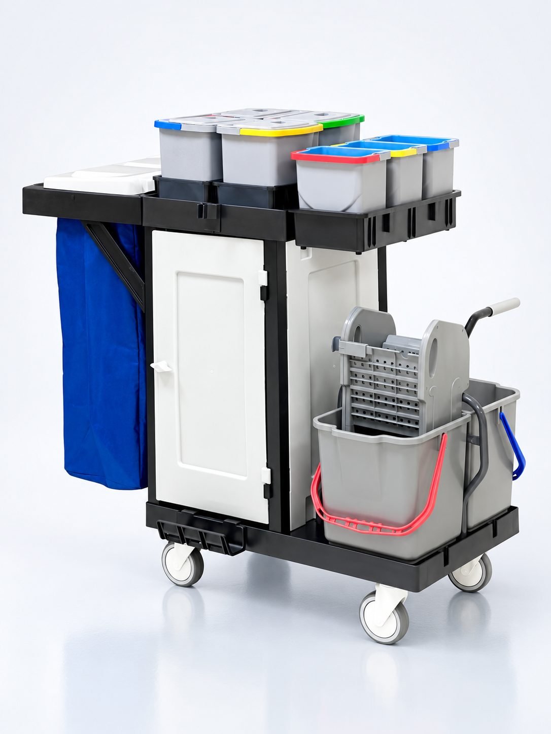 Cărucior de curățenie ArliPlus® M58 – 2×22 L cu storcător, 4×8 L, 3×5 L, sac 120 L, uși magnetice