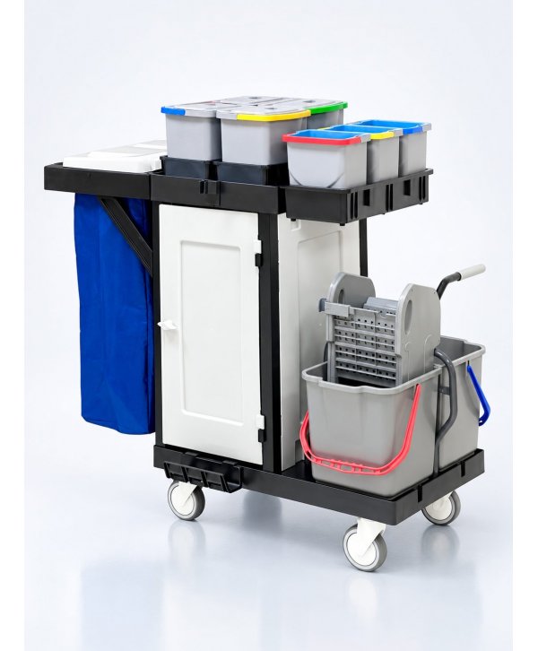 Cărucior de curățenie ArliPlus® M58 – 2×22 L cu storcător, 4×8 L, 3×5 L, sac 120 L, uși magnetice Cărucior de curățenie ArliPlus® M58 – 2×22 L cu storcător, 4×8 L, 3×5 L, sac 120 L, uși magnetice