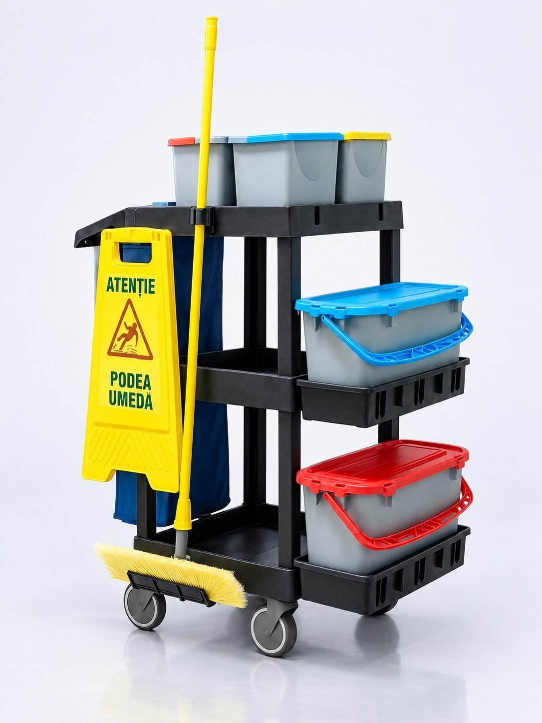 Cărucior Profesional de Curățenie ArliPlus® M707 – Echipare Superioară cu 6 Găleți și Capacitate Extinsă