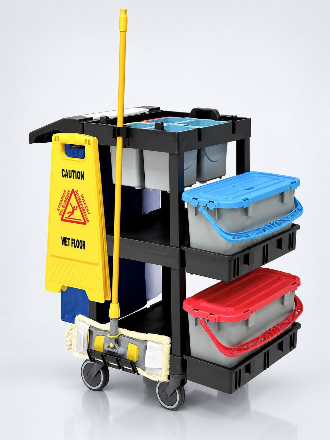 Cărucior Profesional de Curățenie ArliPlus® M706 – Organizare Eficientă pentru Mopuri si Lavete Colorate