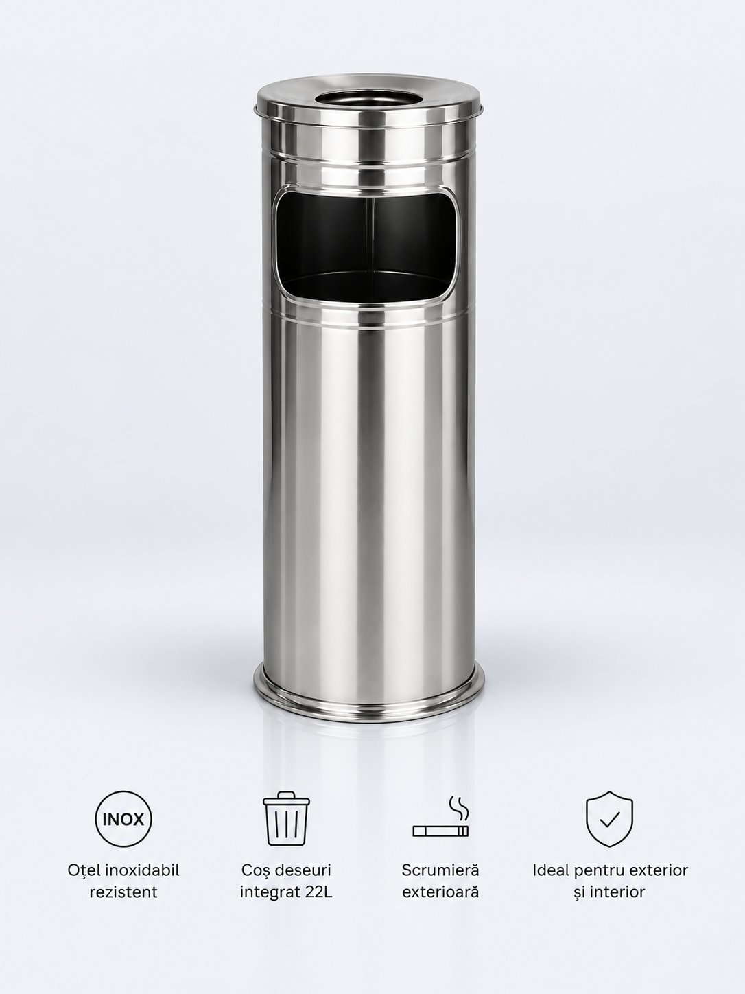Scrumieră exterior cu coș de deșeuri 22 L din inox, H 60 cm