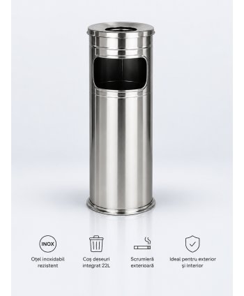 Scrumieră exterior cu coș de deșeuri 22 L din inox, H 60 cm