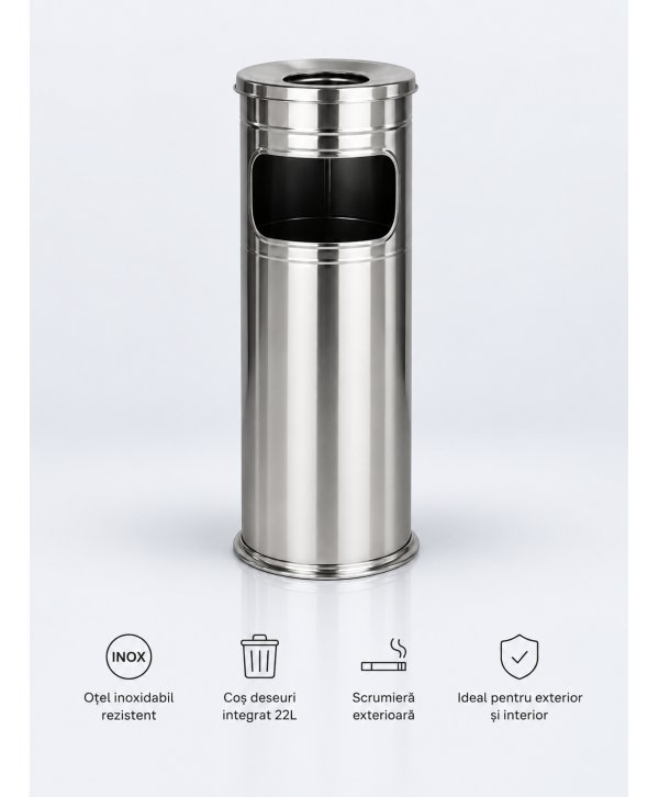 Scrumieră exterior cu coș de deșeuri 22 L din inox, H 60 cm