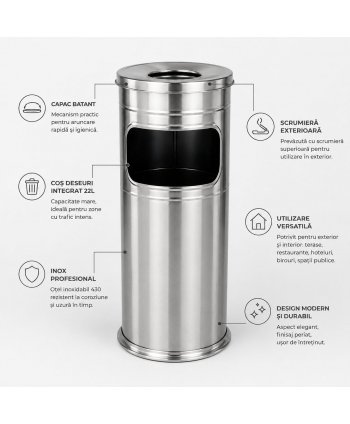Scrumieră exterior cu coș de deșeuri 22 L din inox, H 60 cm