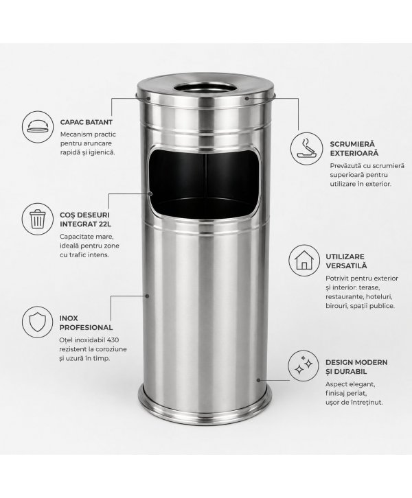 Scrumieră exterior cu coș de deșeuri 22 L din inox, H 60 cm