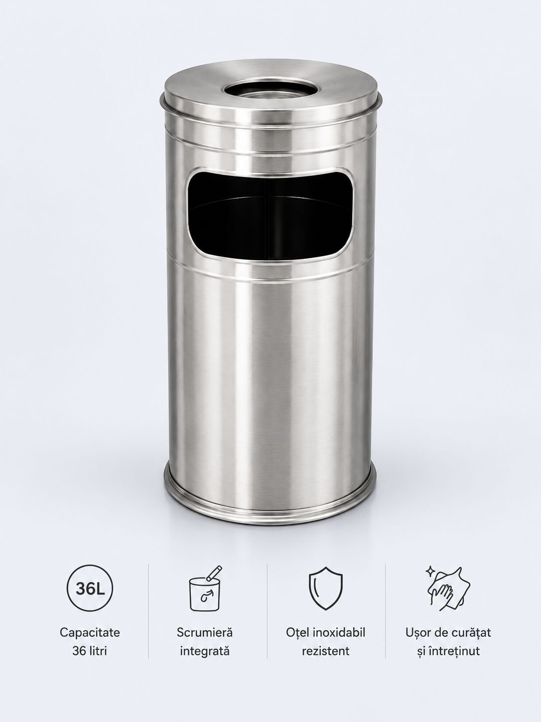 Scrumieră exterior cu coș de deșeuri 36 L din inox, H 60 cm