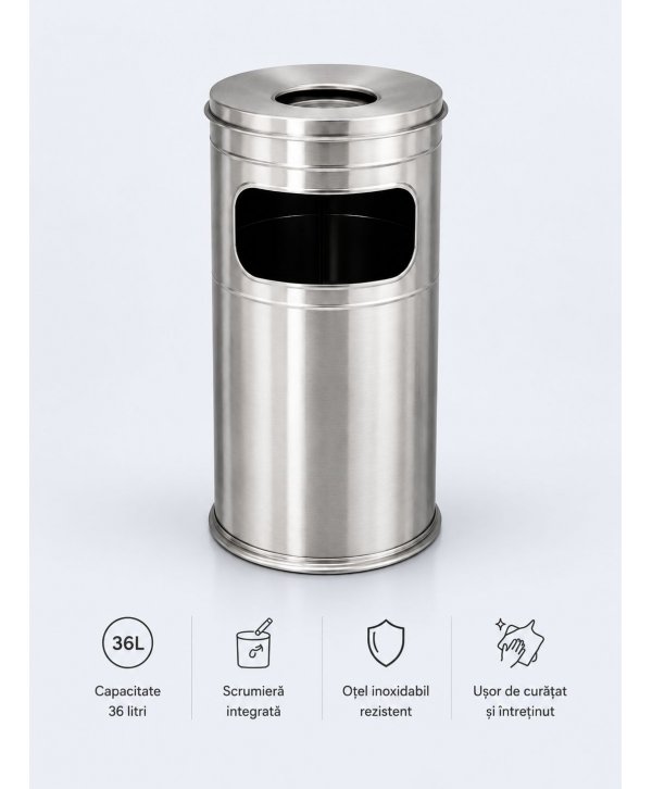 Scrumieră exterior cu coș de deșeuri 36 L din inox, H 60 cm Scrumieră exterior cu coș de deșeuri 36 L din inox, H 60 cm