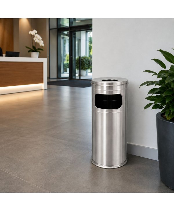 Scrumieră exterior cu coș de deșeuri 36 L din inox, H 60 cm Scrumieră exterior cu coș de deșeuri 36 L din inox, H 60 cm