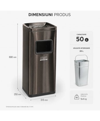 Coș de gunoi 50 L cu scrumieră, inox Black Gold anti-amprentă