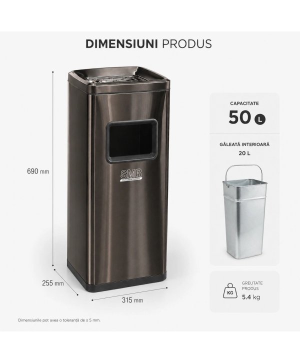 Coș de gunoi 50 L cu scrumieră, inox Black Gold anti-amprentă