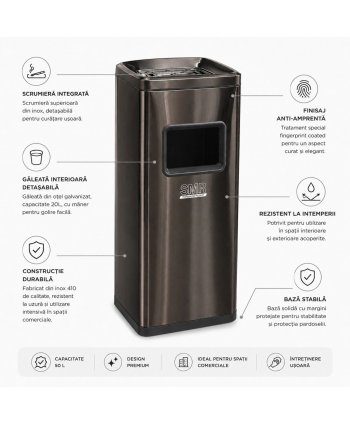 Coș de gunoi 50 L cu scrumieră, inox Black Gold anti-amprentă