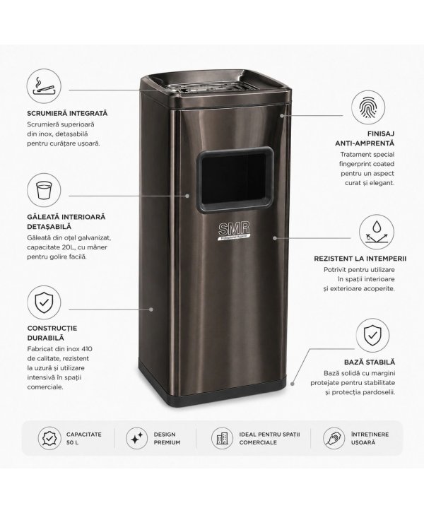Coș de gunoi 50 L cu scrumieră, inox Black Gold anti-amprentă