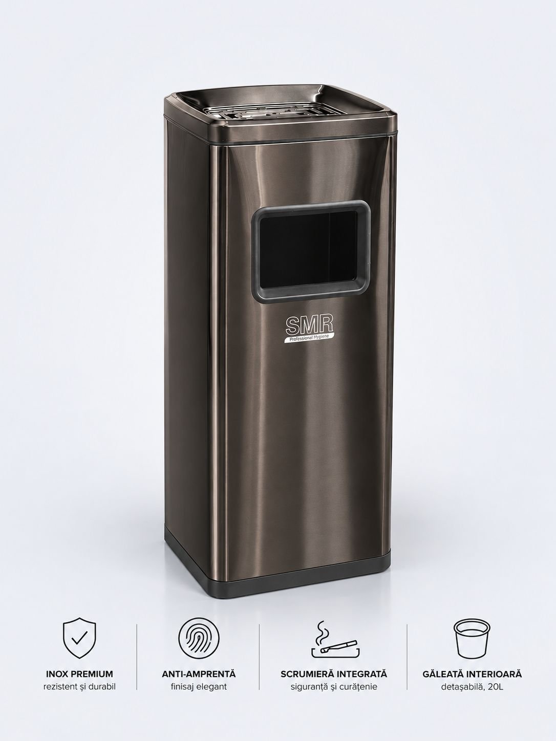 Coș de gunoi 50 L cu scrumieră, inox Black Gold anti-amprentă