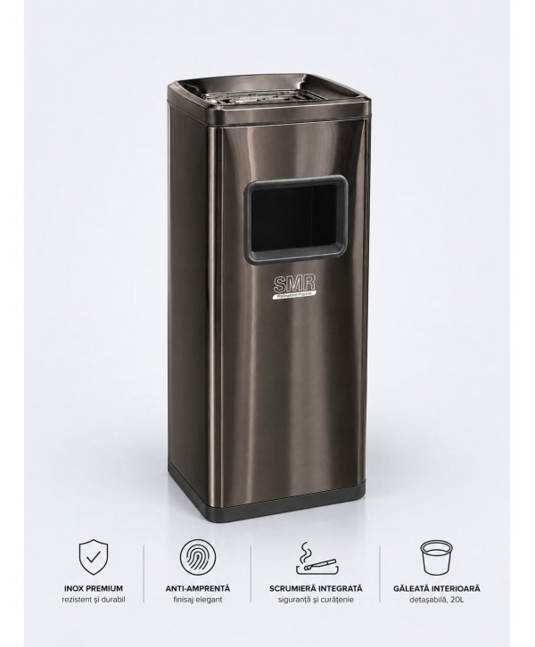 Coș de gunoi 50 L cu scrumieră, inox Black Gold anti-amprentă