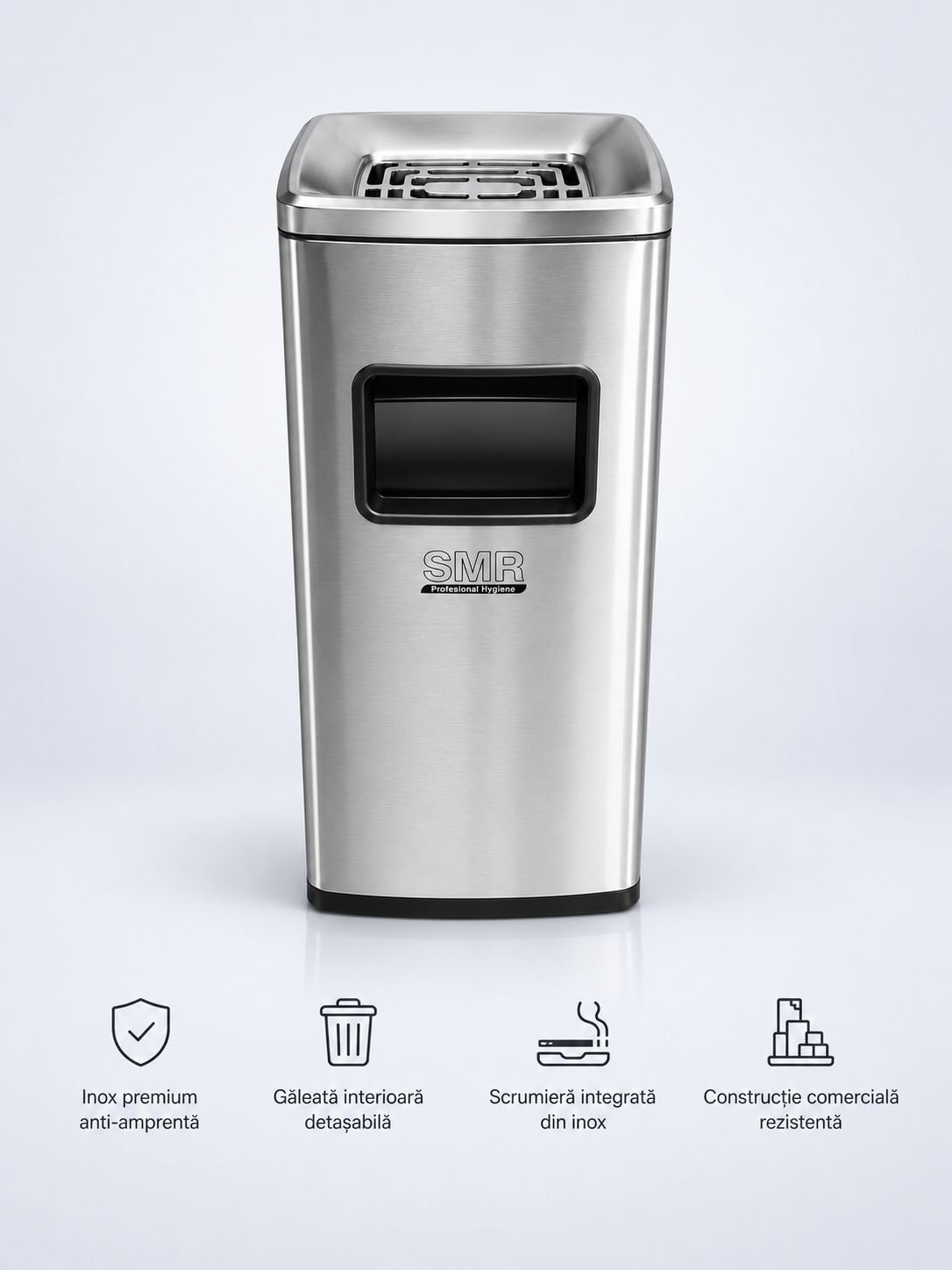 Coș de gunoi 50 L cu scrumieră, inox Silver anti-amprentă