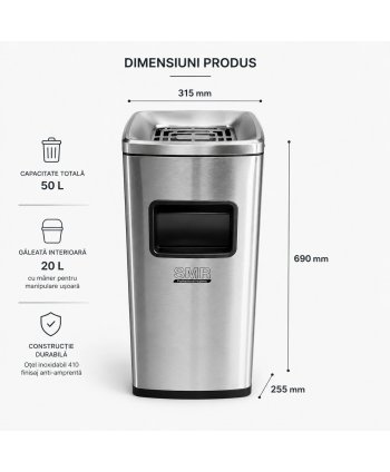 Coș de gunoi 50 L cu scrumieră, inox Silver anti-amprentă