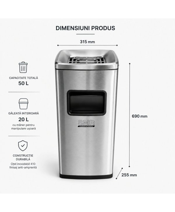 Coș de gunoi 50 L cu scrumieră, inox Silver anti-amprentă Coș de gunoi 50 L cu scrumieră, inox Silver anti-amprentă
