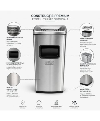 Coș de gunoi 50 L cu scrumieră, inox Silver anti-amprentă