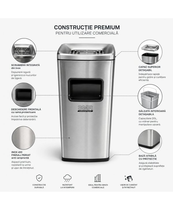Coș de gunoi 50 L cu scrumieră, inox Silver anti-amprentă Coș de gunoi 50 L cu scrumieră, inox Silver anti-amprentă