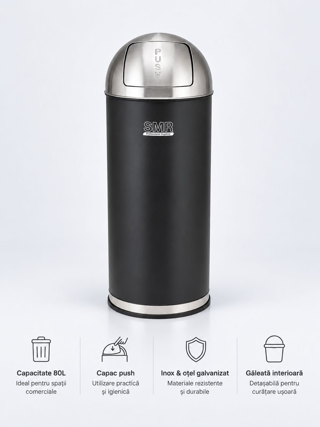 Coș de gunoi 80 L cu capac push, corp negru mat și inox