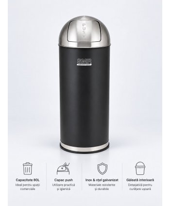 Coș de gunoi 80 L cu capac push, corp negru mat și inox
