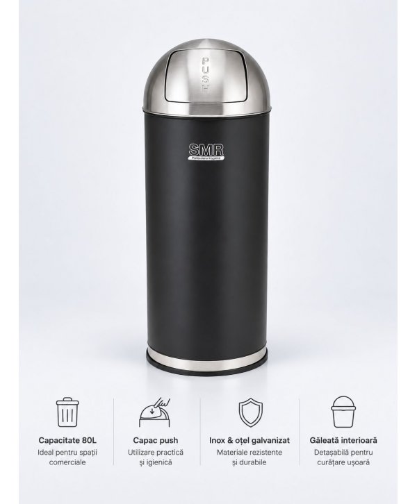 Coș de gunoi 80 L cu capac push, corp negru mat și inox Coș de gunoi 80 L cu capac push, corp negru mat și inox