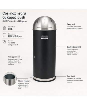 Coș de gunoi 80 L cu capac push, corp negru mat și inox