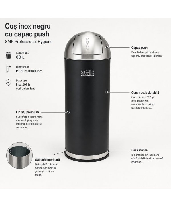 Coș de gunoi 80 L cu capac push, corp negru mat și inox Coș de gunoi 80 L cu capac push, corp negru mat și inox