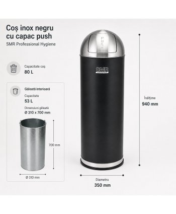Coș de gunoi 80 L cu capac push, corp negru mat și inox