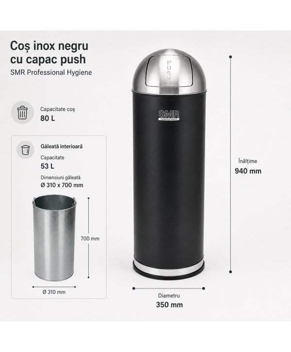 Coș de gunoi 80 L cu capac push, corp negru mat și inox Coș de gunoi 80 L cu capac push, corp negru mat și inox