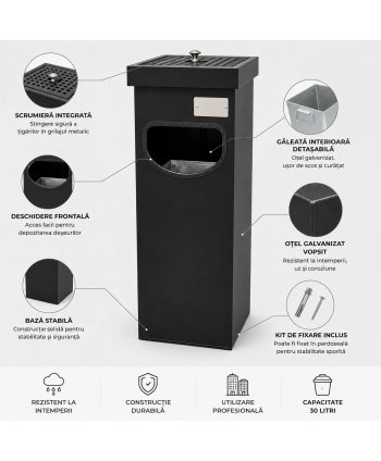 Coș metalic cu scrumieră pentru exterior 30 L, negru mat