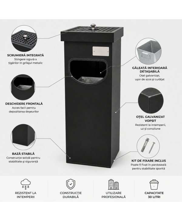 Coș metalic cu scrumieră pentru exterior 30 L, negru mat