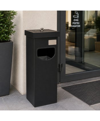Coș metalic cu scrumieră pentru exterior 30 L, negru mat