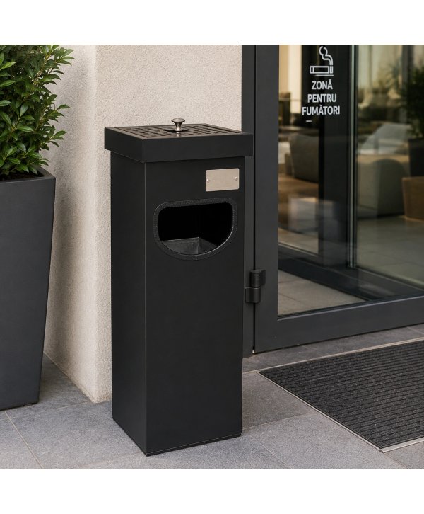 Coș metalic cu scrumieră pentru exterior 30 L, negru mat