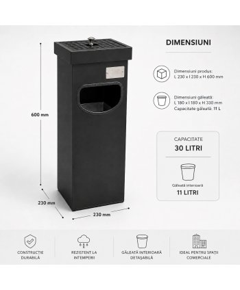 Coș metalic cu scrumieră pentru exterior 30 L, negru mat