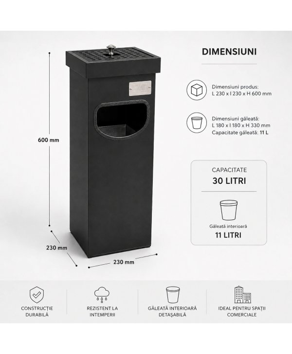 Coș metalic cu scrumieră pentru exterior 30 L, negru mat