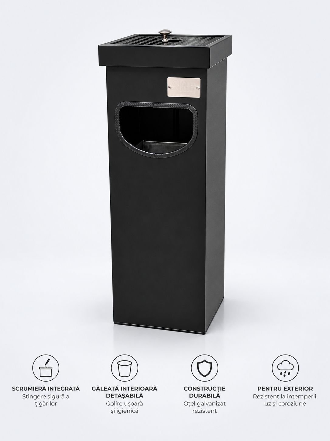 Coș metalic cu scrumieră pentru exterior 30 L, negru mat