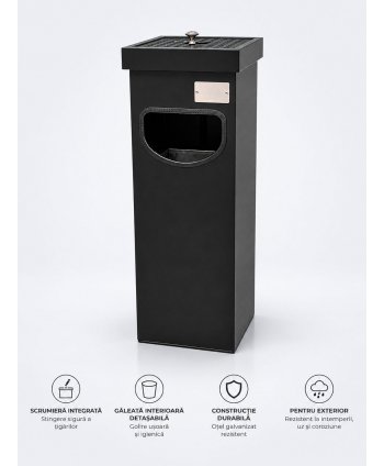 Coș metalic cu scrumieră pentru exterior 30 L, negru mat