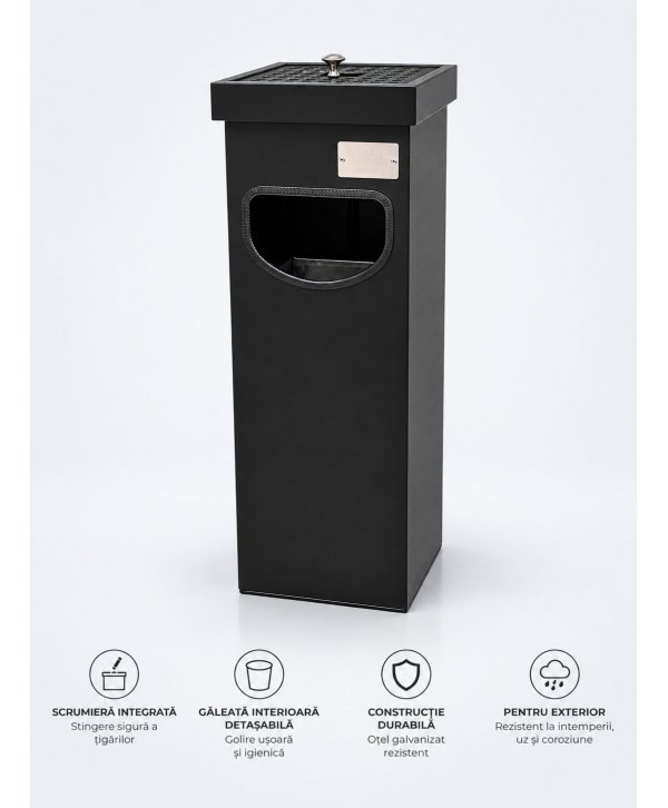 Coș metalic cu scrumieră pentru exterior 30 L, negru mat
