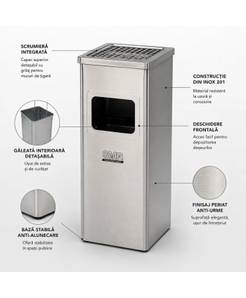 Coș de gunoi cu scrumieră 35 L, inox satinat și lucios