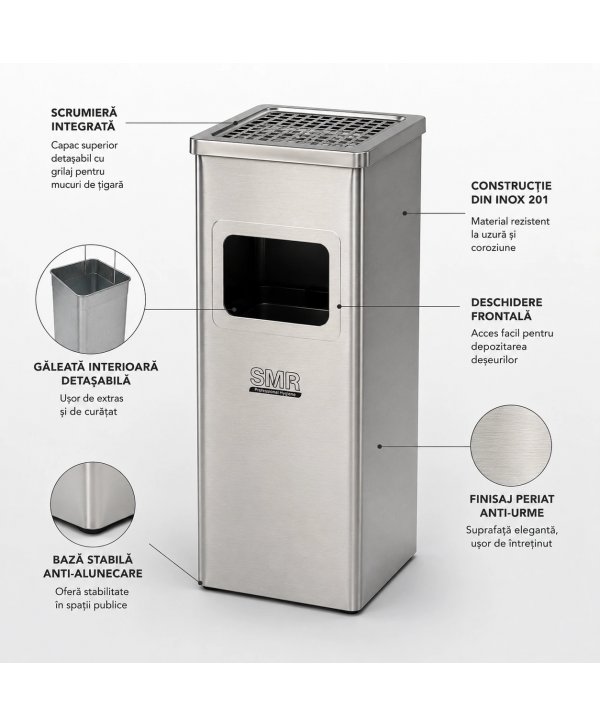 Coș de gunoi cu scrumieră 35 L, inox satinat și lucios Coș de gunoi cu scrumieră 35 L, inox satinat și lucios