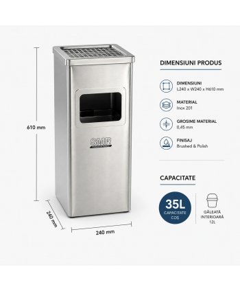 Coș de gunoi cu scrumieră 35 L, inox satinat și lucios