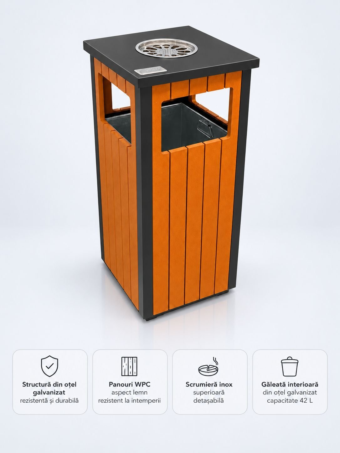 Coș stradal urban compact 42 L cu scrumieră, pentru parcuri și spații publice